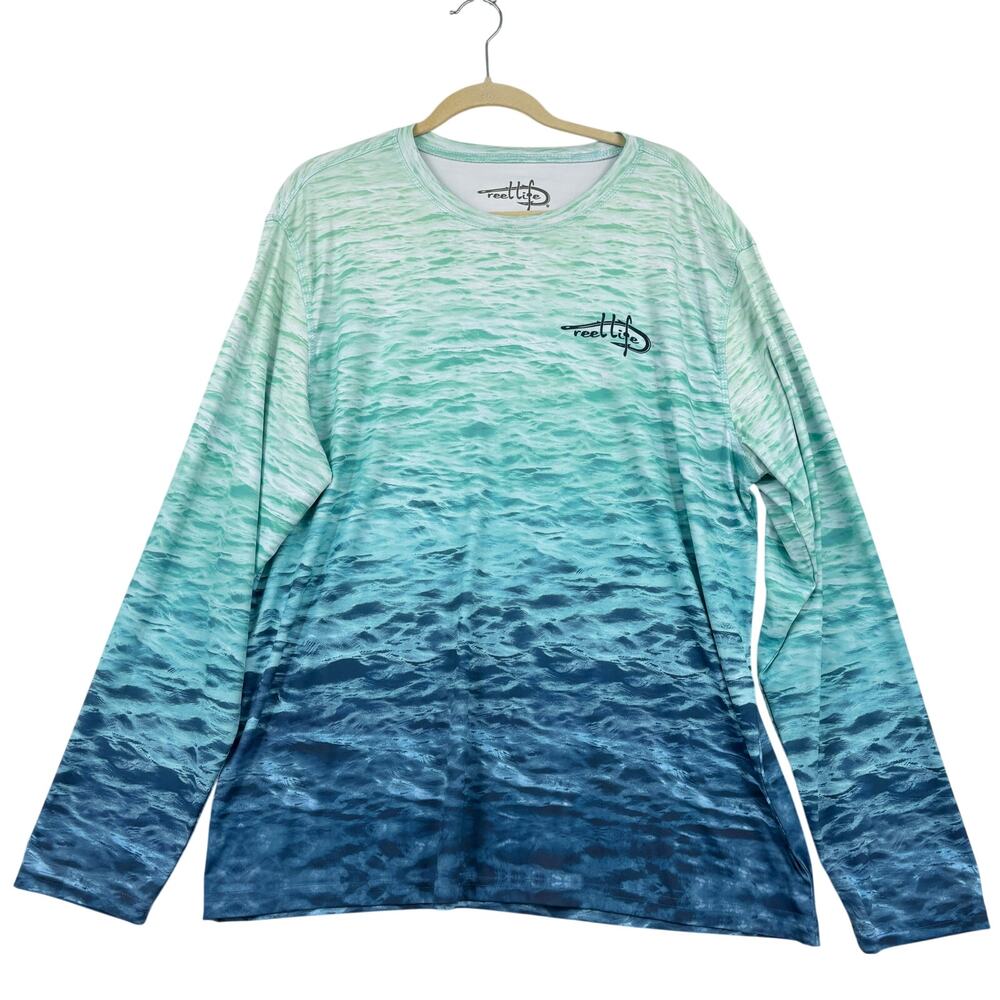 Reel Life Sun Defender UV Tee Shirt Men's XXL Blue Waves Long Sleeve Stretch